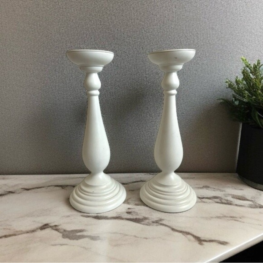 Set of 2 Tall White Wooden Candle Holders Modern Home Decor 14 Inch